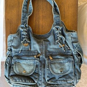 Denim Casual Shoulder Bag with Pockets